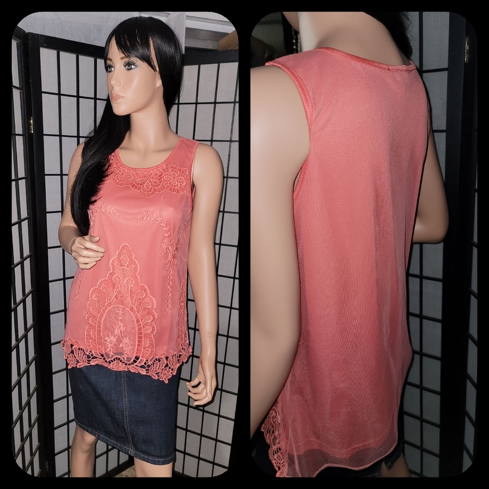 Coral Lace Mesh Tank Top- ezra- Size Large